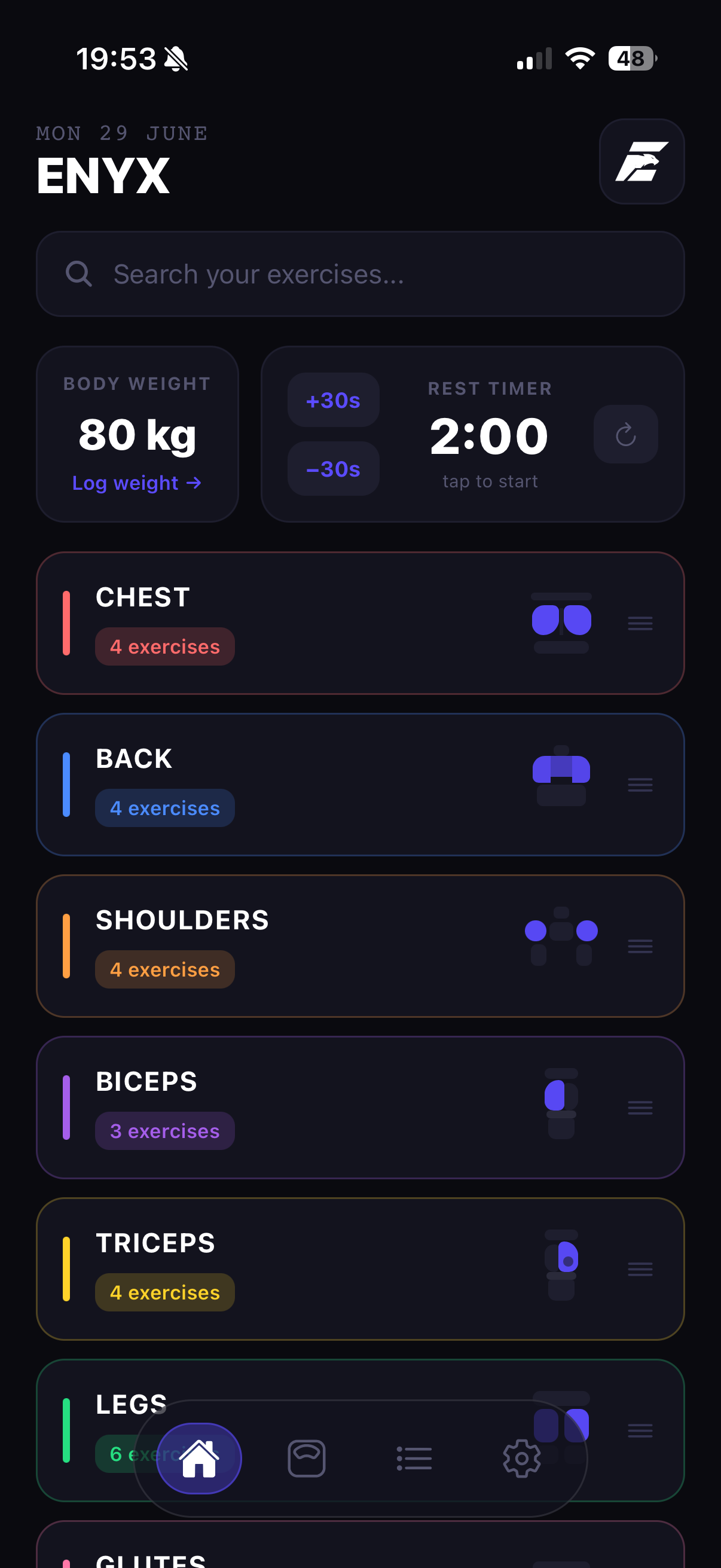 Enyx app home screen